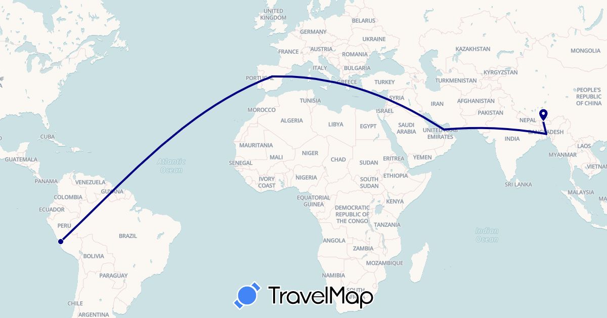 TravelMap itinerary: driving in United Arab Emirates, Bangladesh, Bhutan, Spain, Peru (Asia, Europe, South America)